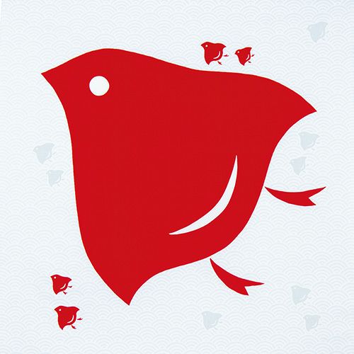 70 ハレ包み 千鳥 アカ
薄い波文様の全面に真っ赤な千鳥が1羽飛んでいるデザイン　周りには対を成した小さな千鳥も飛んでいて、夫婦円満の意味合いがあるふろしき